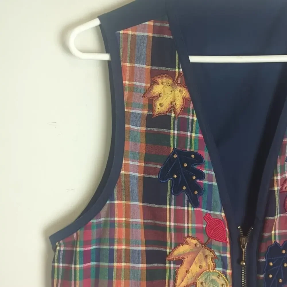 Vintage Plaid Fall Zip Up Front Vest Patchwork Art To Wear Women's Size Large